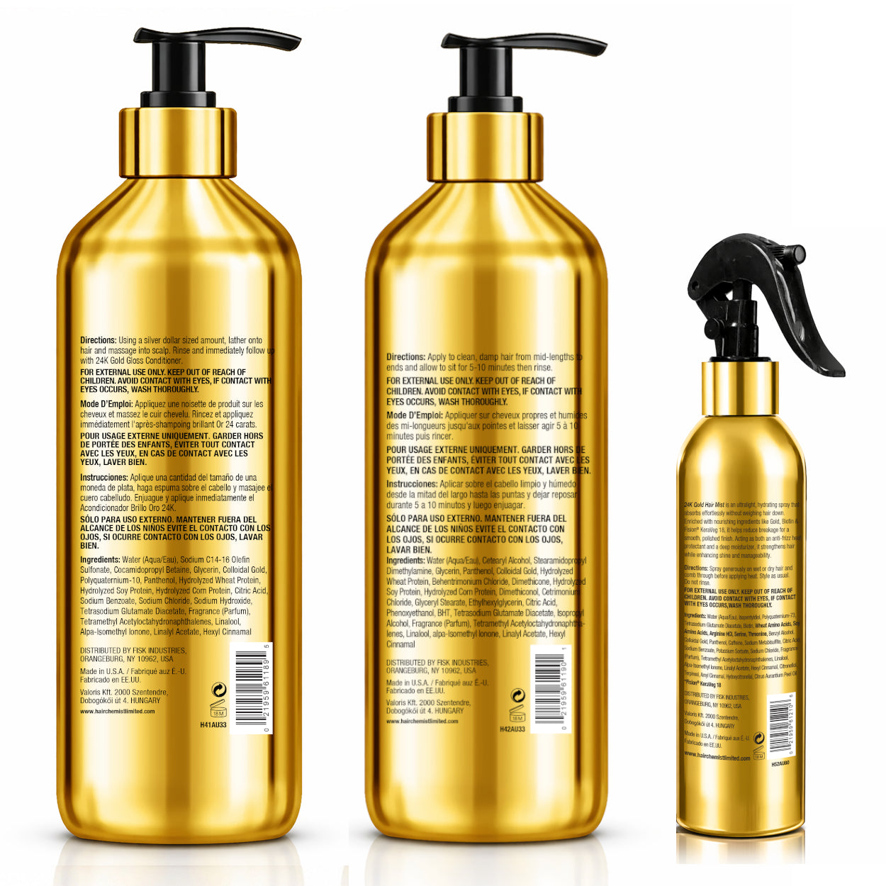 Hair Chemist 24K Gold Gloss Shampoo 33.8oz, Conditioner 33.8oz & Heat Protection Hair Mist 8oz – 3-Piece Shine & Protection System