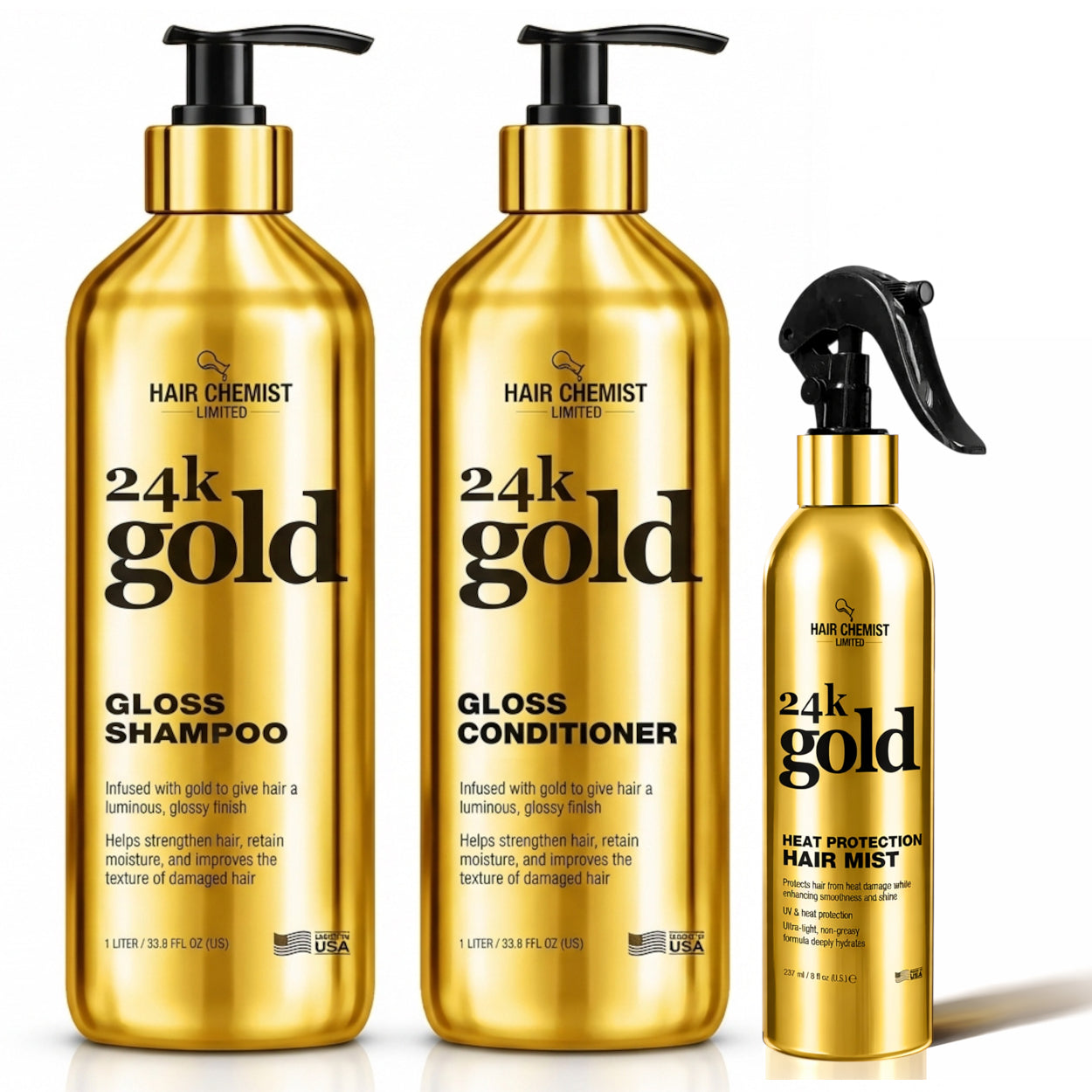 Hair Chemist 24K Gold Gloss Shampoo 33.8oz, Conditioner 33.8oz & Heat Protection Hair Mist 8oz – 3-Piece Shine & Protection System