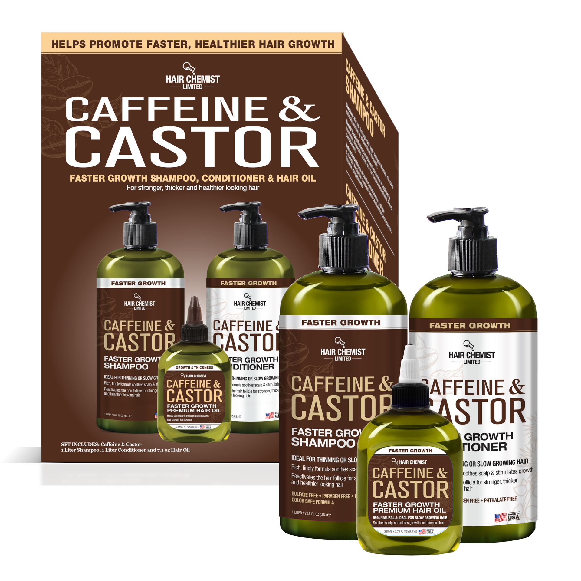 Hair Chemist Caffeine and Castor Faster Growth Large Shampoo, Conditioner 33.8 oz. and Hair Oil 7.1 oz. 3-PC Boxed Gift Set