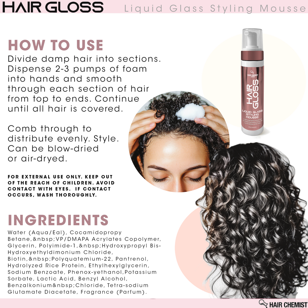 Hair Chemist Hair Gloss Liquid Glass 3-PC Volumize & Curl Set - Includes 33.8oz Shampoo, 33.8oz Conditioner & 8oz Hair Mousse Set (3-PC SET)
