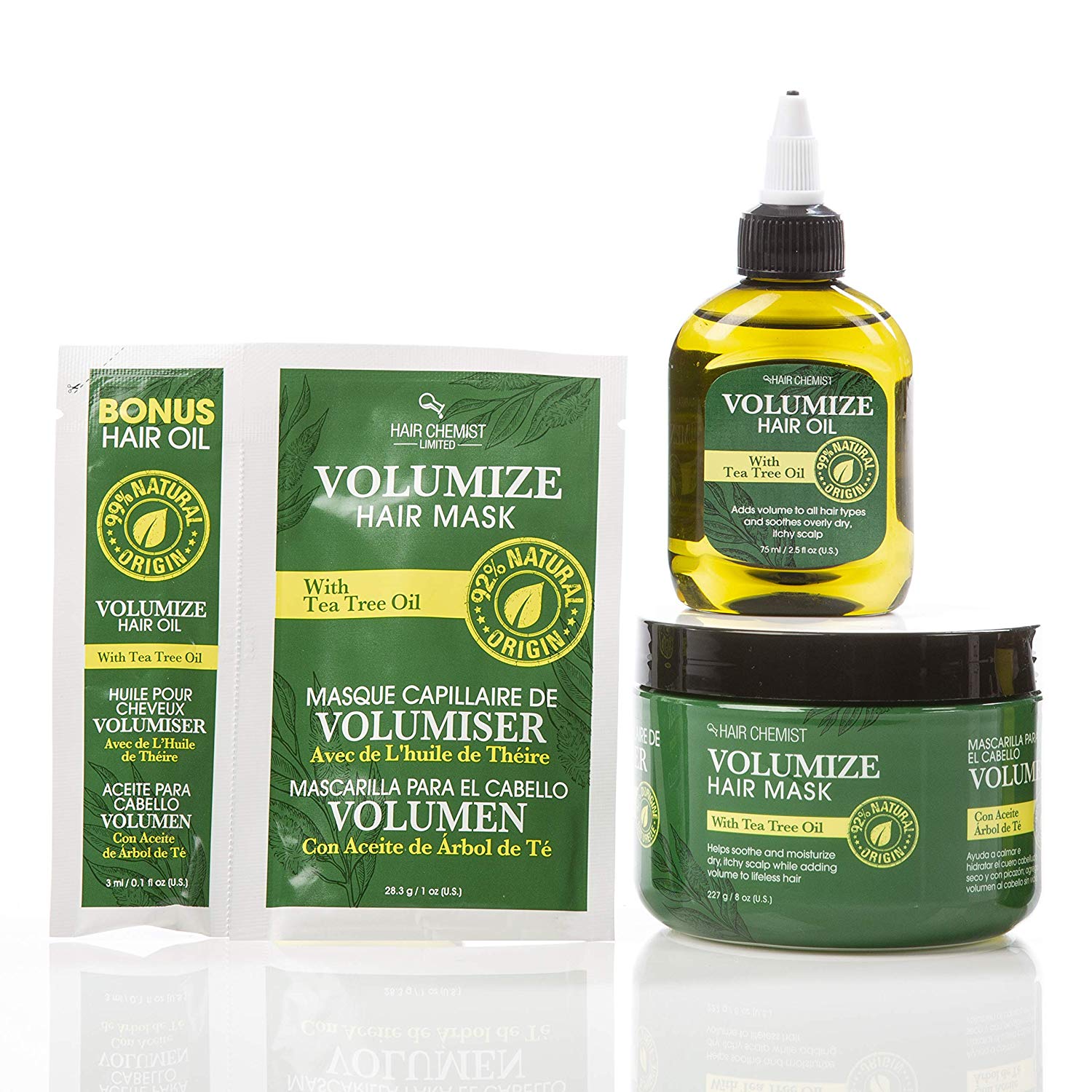 Hair Chemist Volumizing Hair Care 3 Piece Set - Volumize Hair Mask 8 oz + Travel Size 1oz. Packette & Volumize Hair Oil 2.5 oz