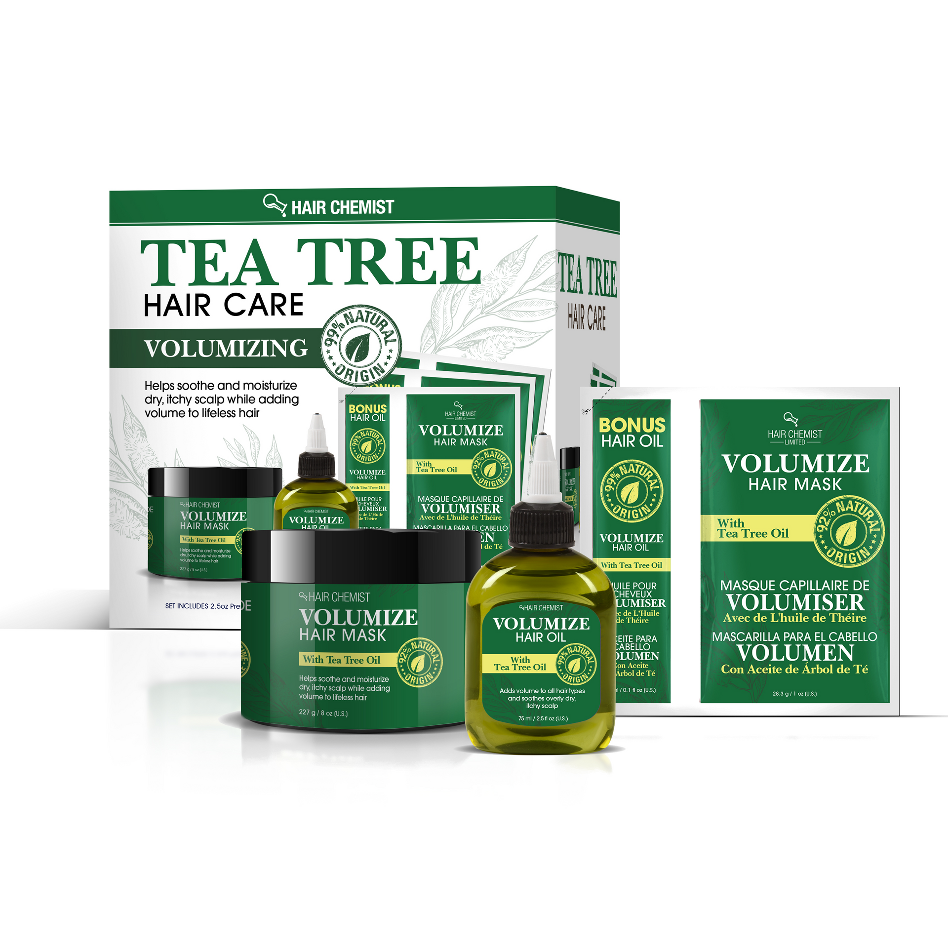 Hair Chemist Volumizing Hair Care 3 Piece Set - Volumize Hair Mask 8 oz + Travel Size 1oz. Packette & Volumize Hair Oil 2.5 oz